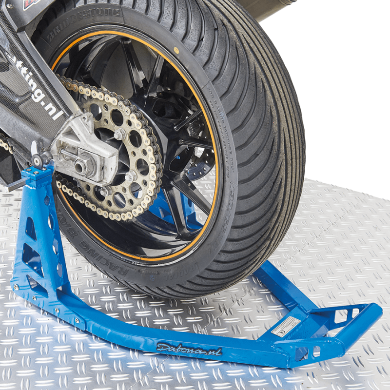 Béquille d'atelier MotoGP Bleu Yamaha placée sous la roue arrière
