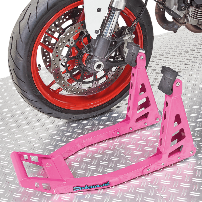 Béquille d'atelier rose pour moto roue avant