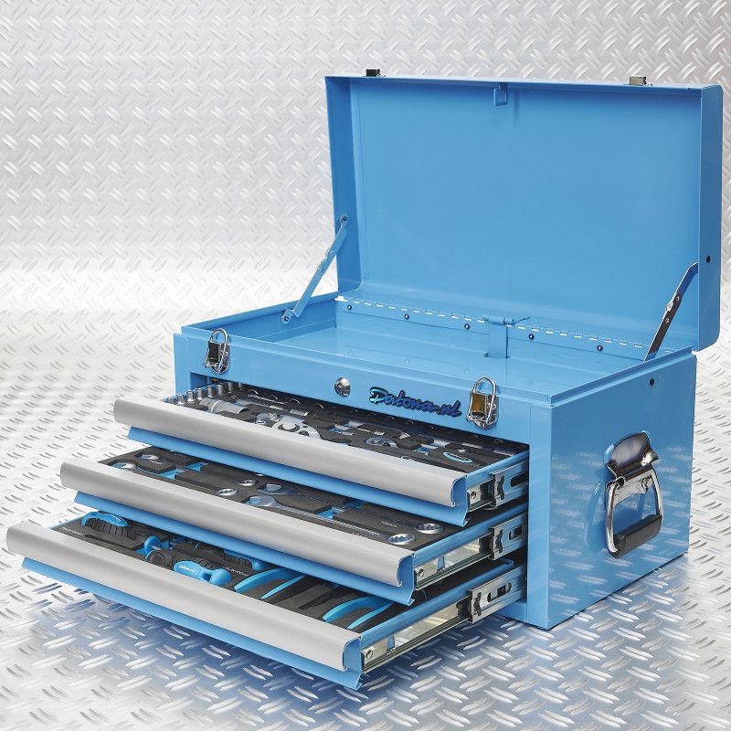 Caisse à outils bleue 3 tiroirs remplis