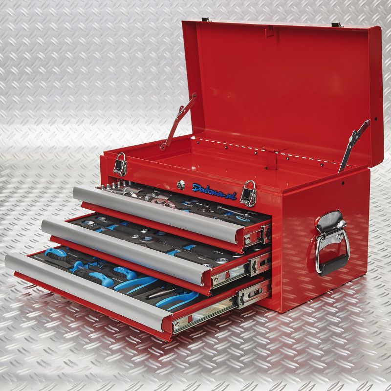Caisse à outils rouge 3 tiroirs remplis d'outils