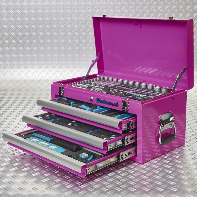 Caisse à outils violette entièrement remplie d'outils