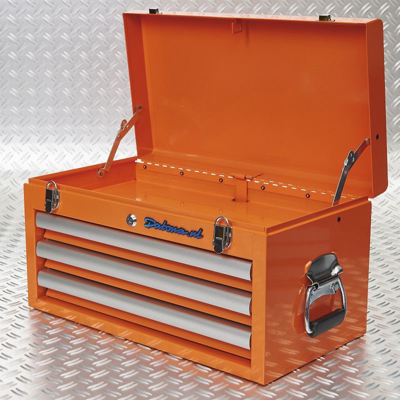 Coffre à outils orange avec 3 tiroirs