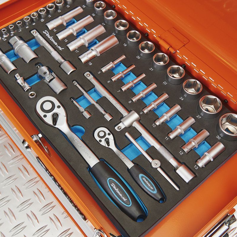 Caisse à outils avec 3 tiroirs - 4 tiroirs remplis - orange