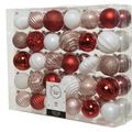 Kerstballen pakket, 60 kunststof ballen, onbreekbaar, in de kleuren wit, roze en rood