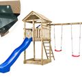 Spielturm mit Spielplateau, Rutsche, doppelte Schaukel und Sandkasten