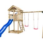 Spielturm mit Spielplateau, Rutsche, doppelte Schaukel und Sandkasten