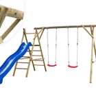 Spielgerät aus Rundholz mit Doppelschaukel, 3 m langen Rutsche und Kletterseil