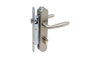 Complete Stainless Steel Double Handle Set for Garden Doors, including Lock Case, Cylinder Lock, and Hinges
