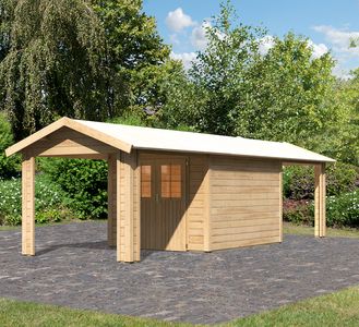 Gartenhaus Espelo 4 von Karibu mit doppeltem Anbaudach