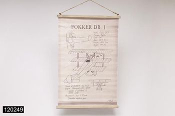 Wandkaart/perkament "fokker vliegtuig"linnen ecru, 80x52cm