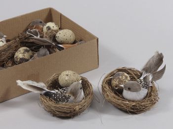 Vogelnest mit Vögeln und Eiern 7 cm - 6 Stück