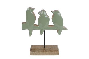 Sculptuur vogel "Tomtit" 3x groen/naturel mango 20x15x5cm