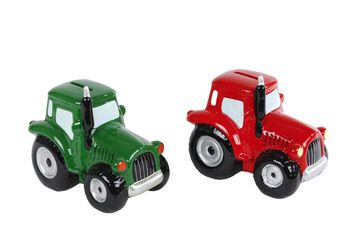 Spaarpot "Tractor" groen/rood 2 assortie aardewerk 16,6x11x13,8cm