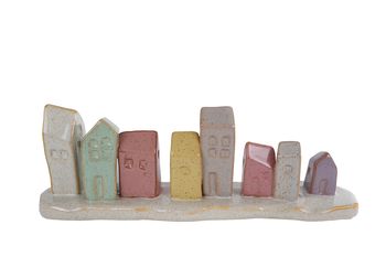 Sculptuur "Huisjes" 8x creme/kleur aardewerk 29x16x16,5cm