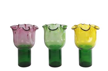 Vaas "Tulp" roze/l.groen/geel 3 assortie glas 15x15x26cm