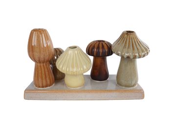 Vaas "Mushroom" 5x creme/bruin/beige aardewerk 19x7x10cm