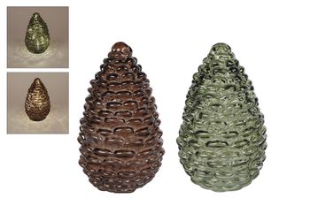 Sfeerverlichting LED "Pinecone" S bruin/groen 2 assortie glas 10x10x15cm (excl. 2xAAA)