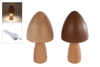 Tafellamp "Mushroom" oplaadbaar beige/bruin 2 assortie hout 9x9x18cm