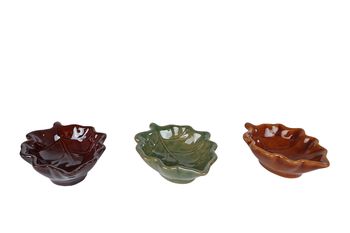 Schaaltje "Leafs" bruin/groen/paars 3 assortie aardewerk 9,5x7,5x3,5cm