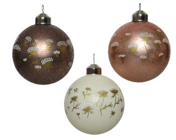 Kerstbal glas silver inside w matt color flower decal,glitter dot, sugar finish - D8cm - 3 assortie