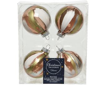 Doos á 4 Kerstballen glas transp. marble 6cm - walnut effect