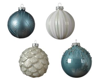 Bauble glass blue/silver 4 assorted dia8 cm