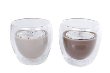 Geurkaars "Coffee/Capp" L bruin/helder 2 assortie kaars/glas 9x9x9cm