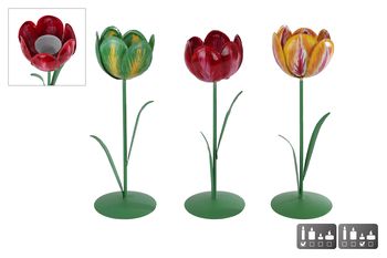 Kandelaar/theelichth "Tulip" L 3 assortie metaal 8x8x25cm