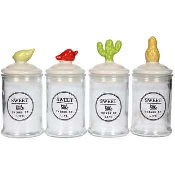 CANISTER GLASS CLEAR  with toppers 6X6X13CM 4ASS