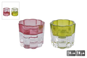 Theelichth/kandelaar "Bloem" groen/roze  2 assortie glas 5,5x5,5x5cm