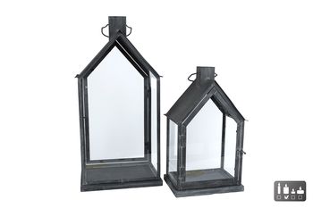 Windlicht "House" ant. zwart Set/2 glas/metaal 31x22x62/25x18x4