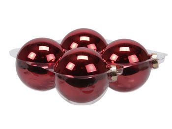 cb. 4 glassballs/cap red shiny 100 mm