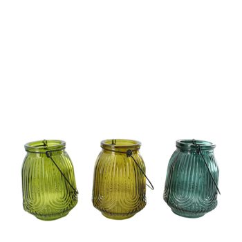 Tealight holder glass with handle 9x9x12.5cm 3 assorti green