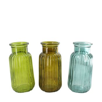 Vase glass 11.3x11.3x22cm 3 assorti Mixed green