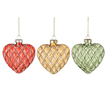 Ornament hart rood groen goud 3 assorti display - l8xb8xh3cm