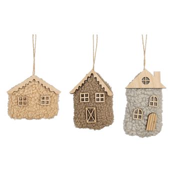 Ornament huis d.bruin grijs l.bruin 3 assorti - l13xb10xh4cm