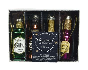 Doos a 4 Drankflesjes glas green,black,gold,pink glitter details - D2,5 H6,5cm