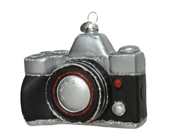 Ornament glas - Fotocamera - glitter - L4.9-W10-H9.3cm - zwart
