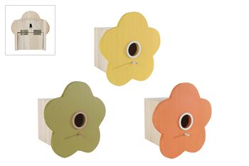 Vogelhuisje "Flower" geel/oranje/groen 3 assortie hout 16x10x16cm