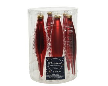 Box a 6 Icicle glass mix Christmas red dia3 H15 cm