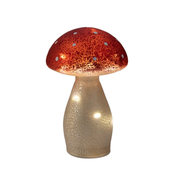 PADDENSTOEL GLAS LED OP BATTERIJ MET TIMER H18CM ROOD MET WITTE STIPPEN