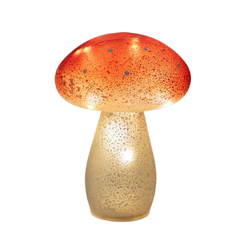 PADDENSTOEL GLAS LED OP BATTERIJ MET TIMER H21CM ROOD MET WITTE STIPPEN