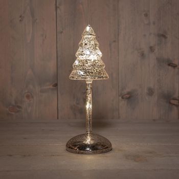 KERSTBOOM OP STAM GLAS LED OP BATTERIJ MET TIMER H25.5CM ZILVER