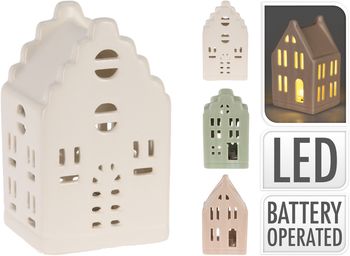 LED HUISJE SET VAN 3 PORSELEIN 6X5,5X10CM INCL BATTERIJEN