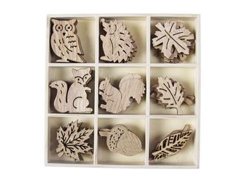crate 36 wooden deco 9 assorted ''autumn'' natural 3.5-4 cm