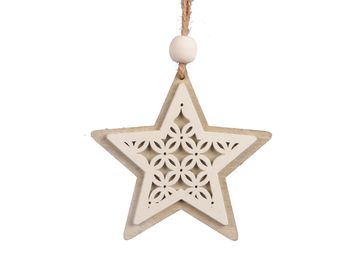 Zakje á 8 wooden stars/hanging grey/white 10cm
