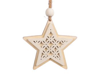 Zakje á 8 wooden stars/hanging natural/white 10cm