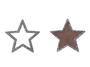 pb. 12 wooden stars  w/glitter silver 6 cm
