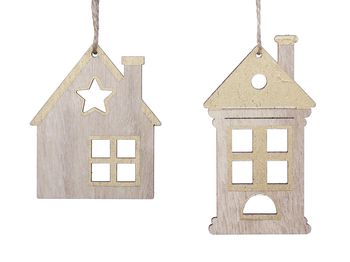 pb. 4 wooden houses/hanger 2 ass. Gold 9.5/7.5 cm