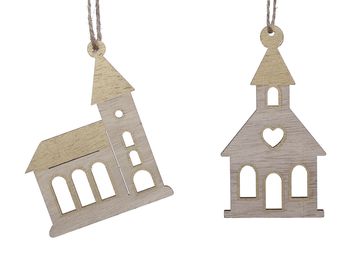 pb. 4 wooden churches/hanger 2 ass. Gold 9/10 cm